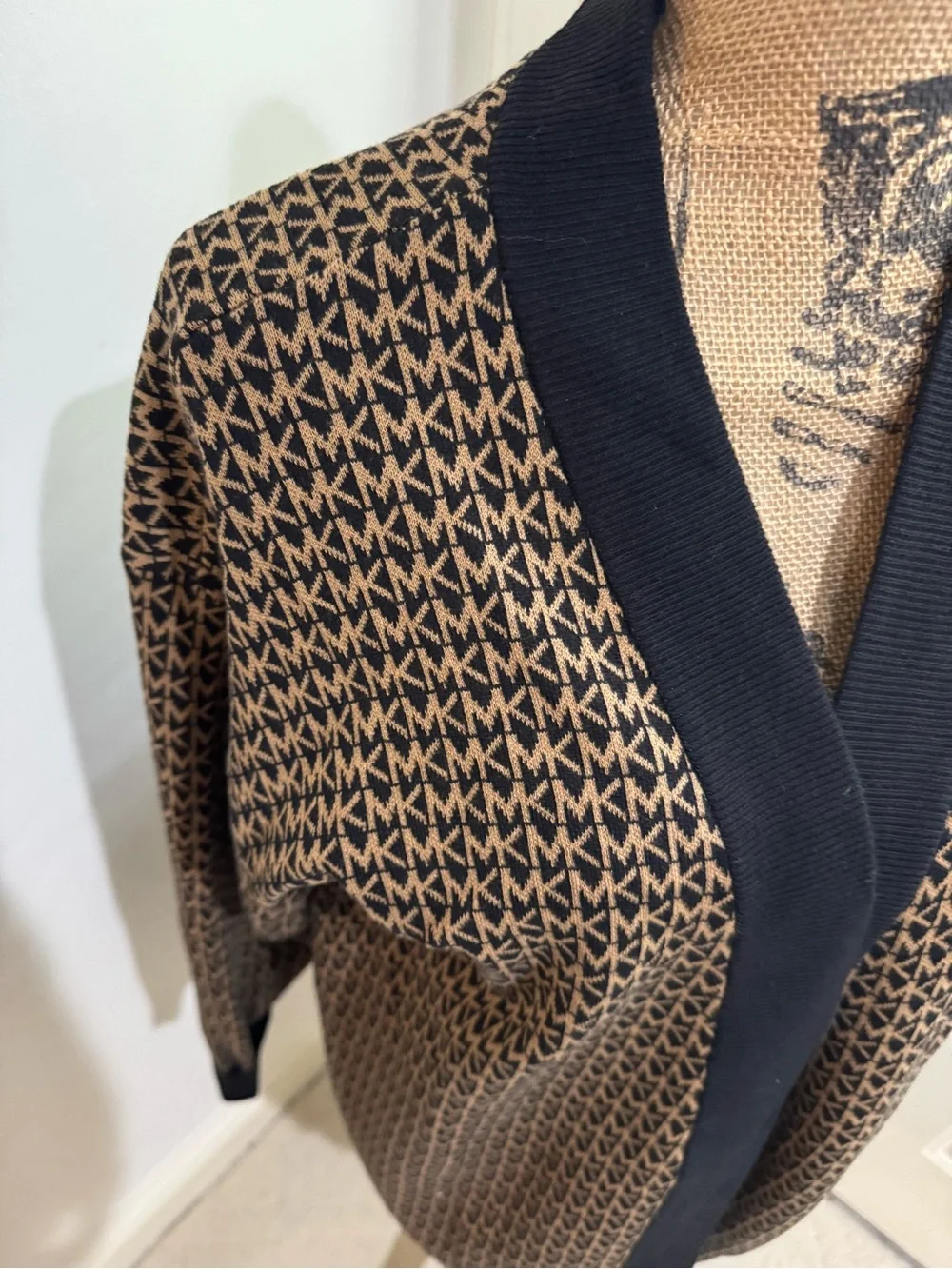 Michael Kors Black & Brown Logo-Pattern Open front cotton blend Cardigan size M